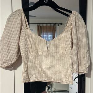 Abercrombie & Fitch Gingham Puff Sleeve Blouse - Cream